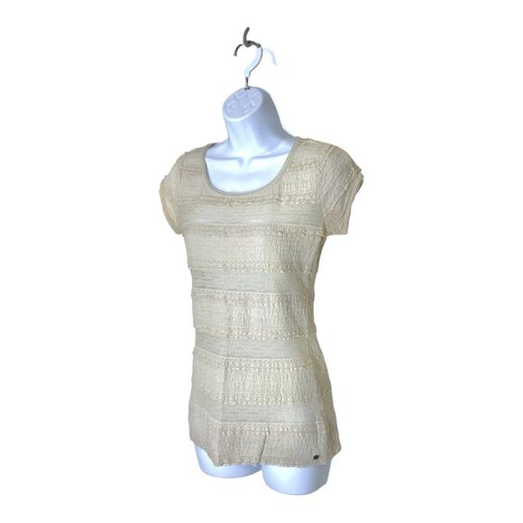 GUESS Y2K Top Cream Fitted Mesh Lace Sheer Sz M Romantic Coquette Blouse Stretch - Picture 2 of 9